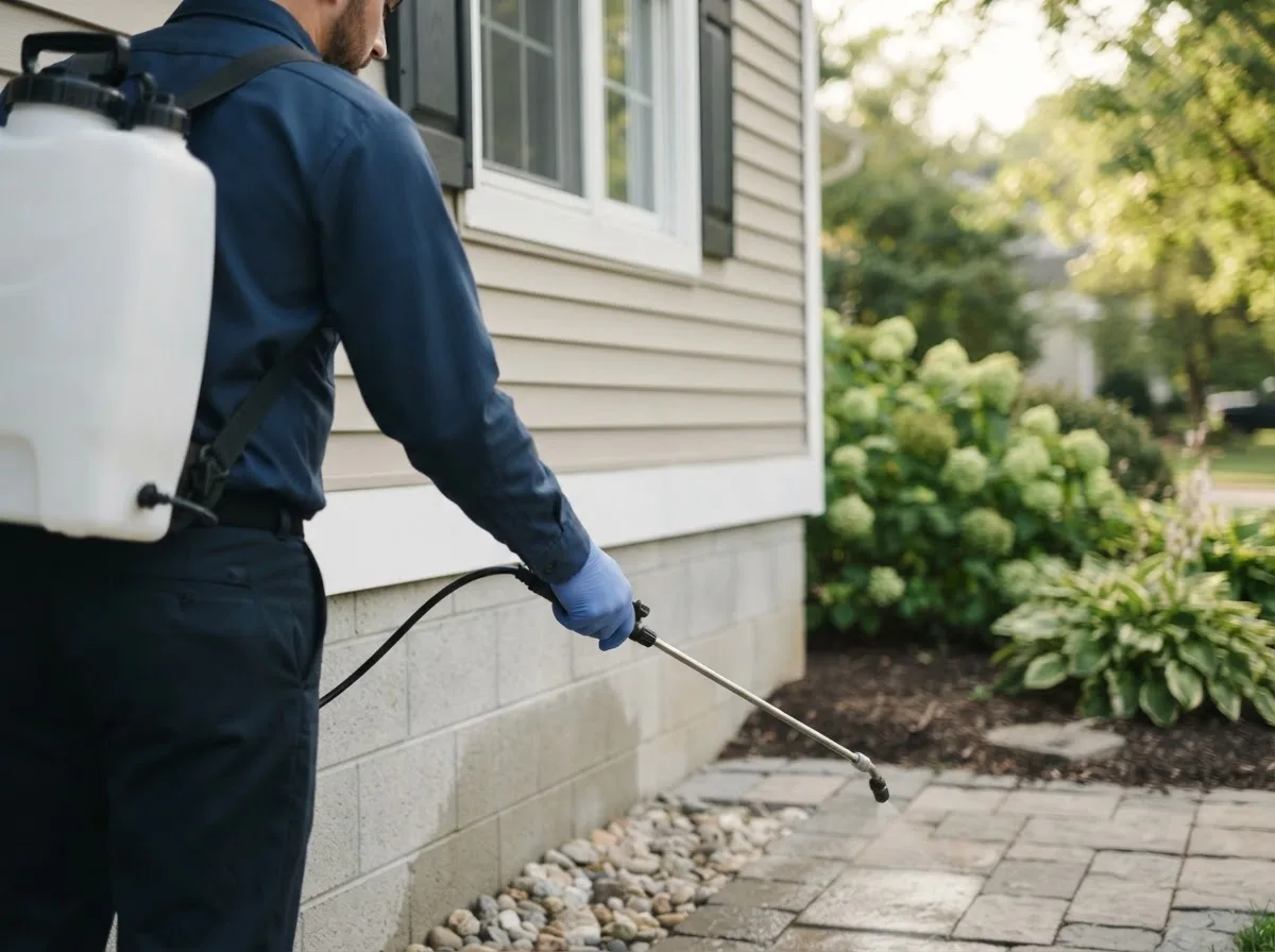 Pest control technician inspecting a home in Pennington, MN